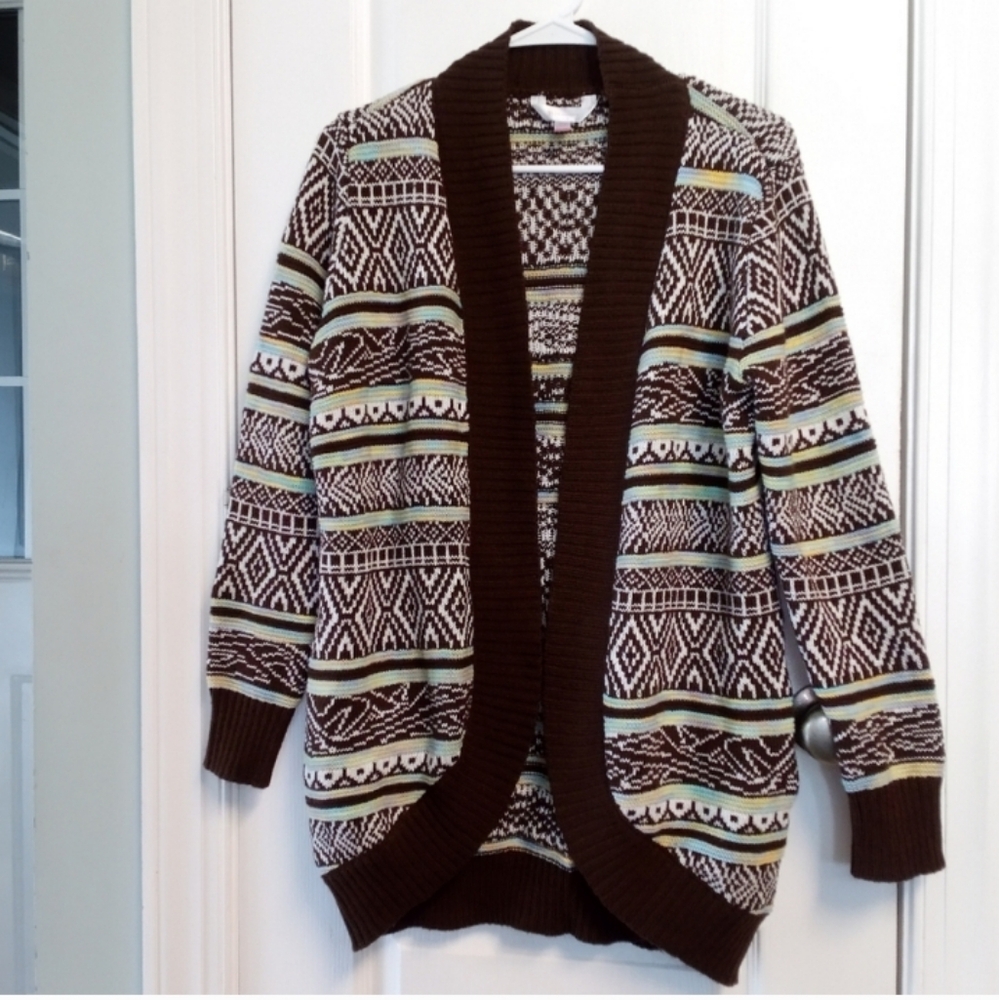 Brown Jaquard Patterned Open Cardigan Sweater junior (11-13)  Winter Fall